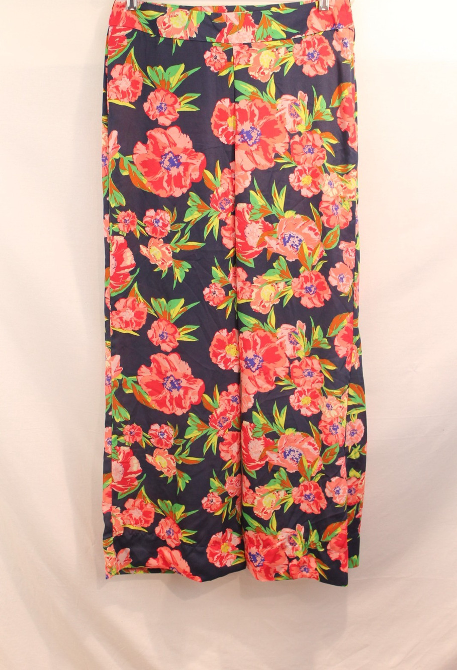 Hollywould Wide Leg Pants Womens size 7 Navy Blue Floral Side Zip Trousers